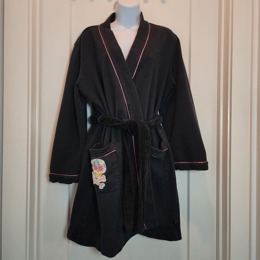 Nick & Nora Robe Dia De Los Muertos Skull Black Pink Trim S/M FLAWS Halloween